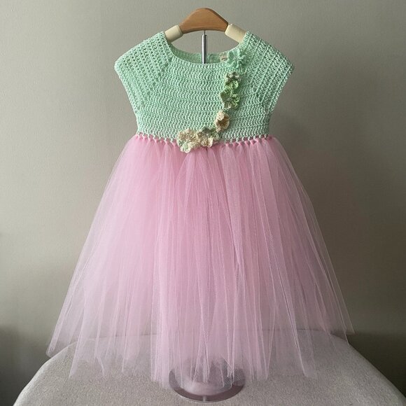 Handmade Children's Cotton Crochet Light Mint Green Pink Tulle Tutu Dress - Picture 1 of 14